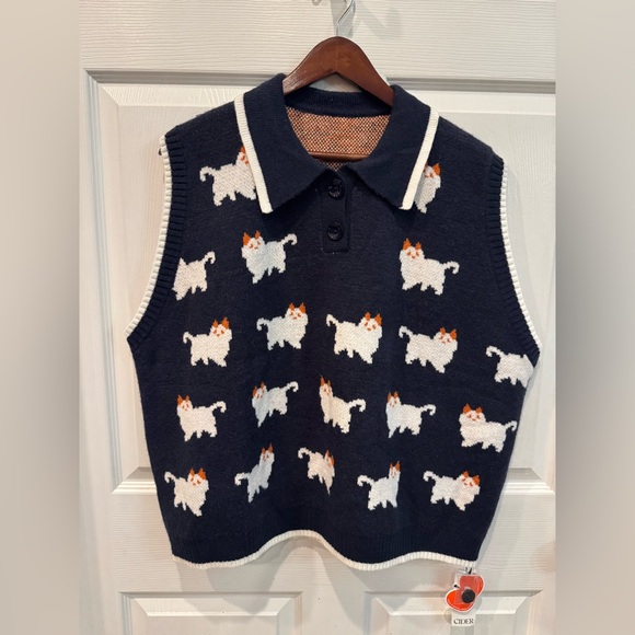 Cider Jackets & Blazers - Cider Navy Cat Pattern Collared Knit Vest